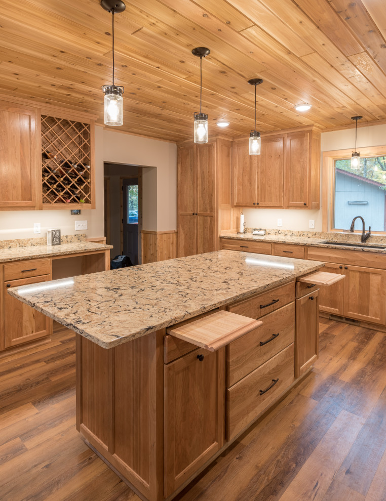 Inspiration for a large country eat-in kitchen in Minneapolis with recessed-panel cabinets, light wood cabinets, quartz benchtops, with island, multi-coloured benchtop and wood.