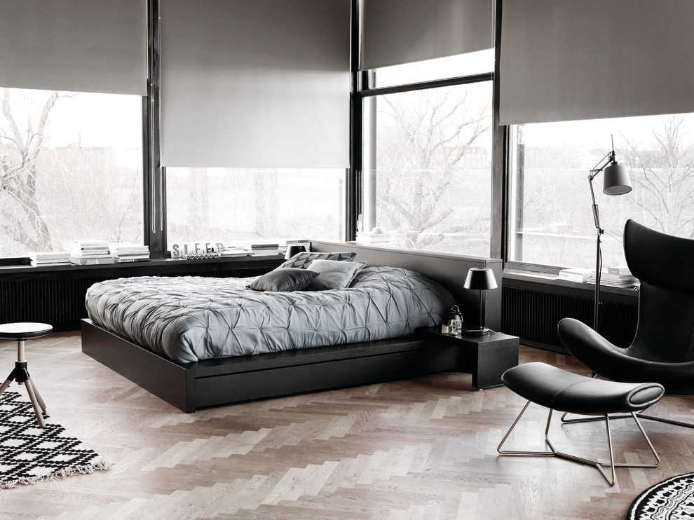Inspiration for a large contemporary master bedroom in Dusseldorf with medium hardwood floors and no fireplace.
