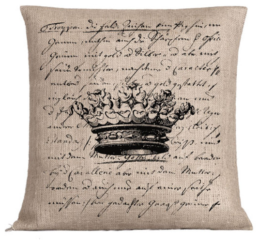 French Text with Crown Burlap Pillow
