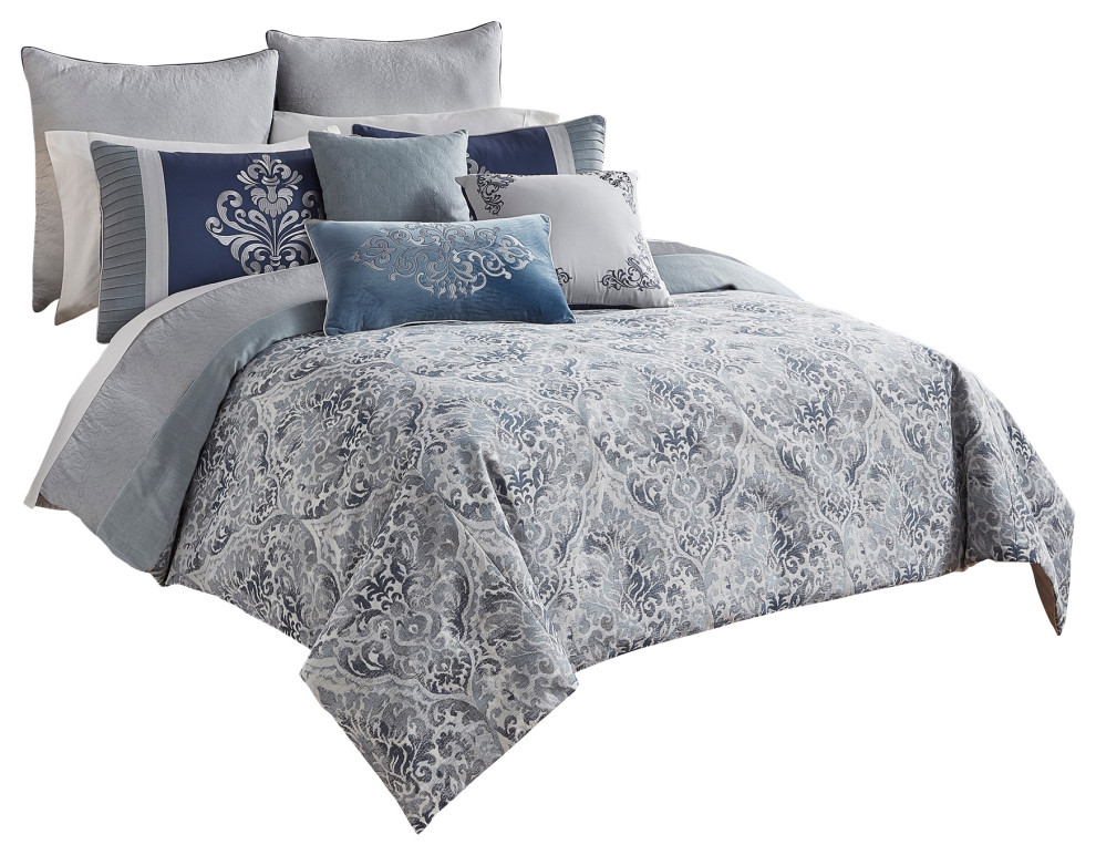 Benzara BM227743 10 Piece King Comforter Set with Damask Prints, Blue and Gray