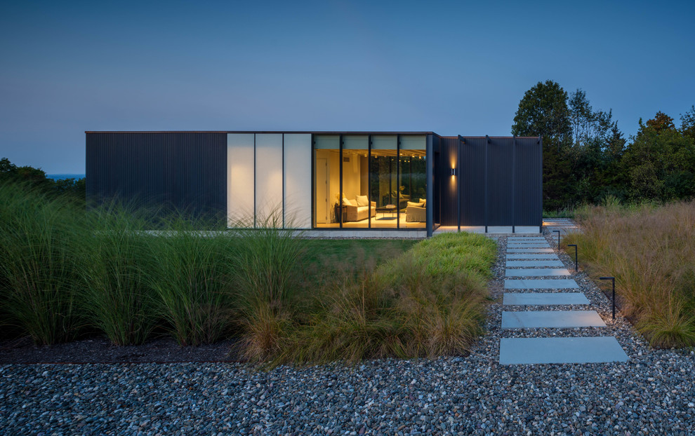 Modern one-storey black house exterior in Boston with a flat roof.