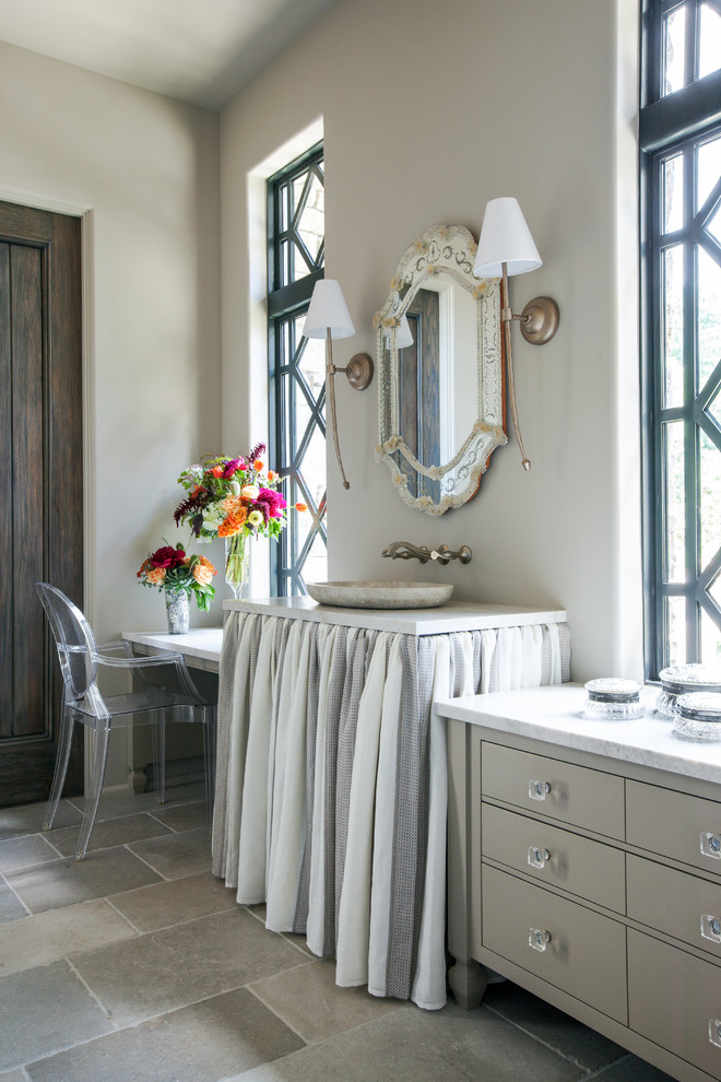 Inspiration for a traditional master bathroom in Nashville with grey cabinets, grey walls, a vessel sink and flat-panel cabinets.