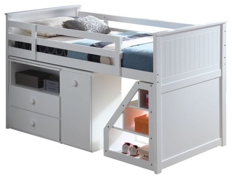 Pemberly Row Loft Bed With Chest And Swivel Desk In White