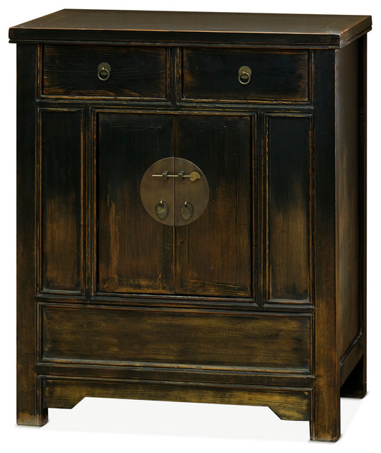 Ming Style Nightstand With Distressed Black Finish Asian