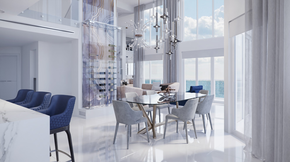Design ideas for a mid-sized contemporary dining room in Miami with white walls, porcelain floors, a hanging fireplace, a stone fireplace surround, white floor and wallpaper.