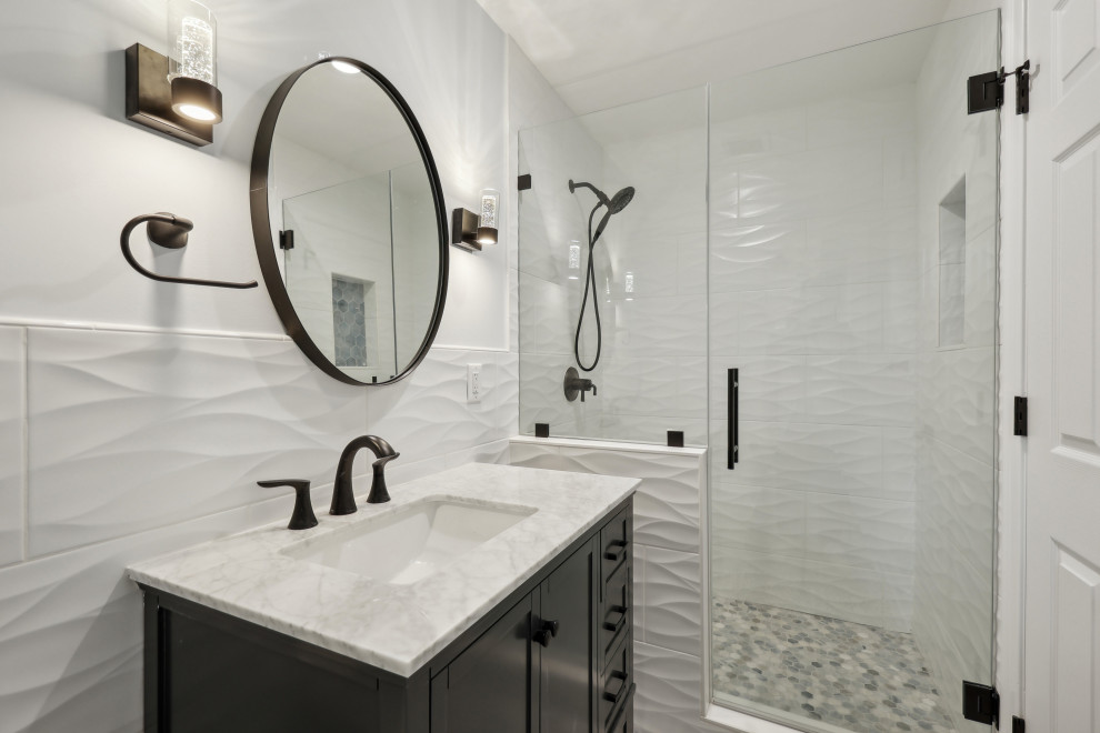 Walk-In Shower with Wave Tile and Hex Floor