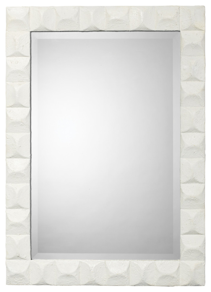 Contemporary Gray Carved Squares Wall Mirror 39" Chiseled Plaster Elegant Transitional Wall