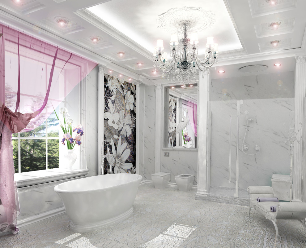 Idée de décoration pour une grande salle de bain tradition avec un placard avec porte à panneau surélevé, des portes de placard blanches, un bidet, un carrelage blanc, du carrelage en marbre, un mur blanc, un sol en marbre, un plan de toilette en marbre, un sol blanc, un plan de toilette noir, meuble-lavabo sur pied et un plafond décaissé.