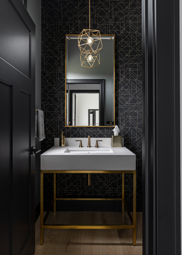 Immagine di una stanza da bagno moderna di medie dimensioni con pavimento marrone, top bianco e un lavabo