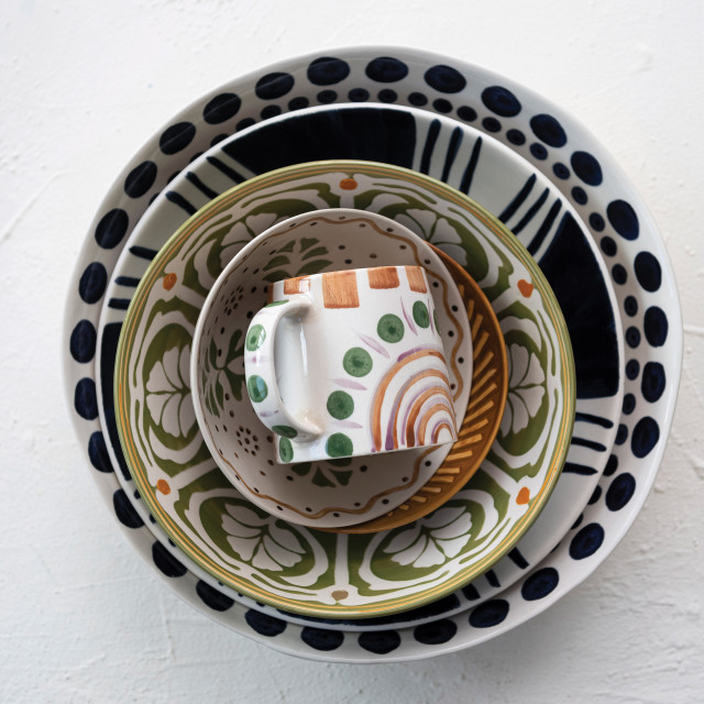 Hand-Painted Stoneware Serving Bowl w/ Design, Green & Brown