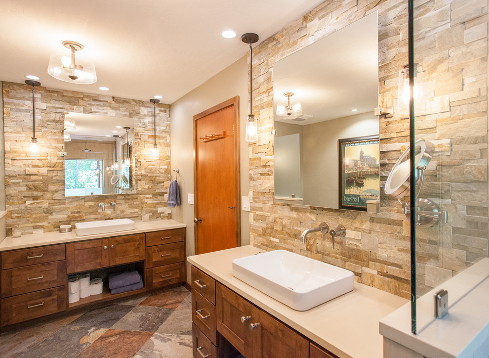 Inspiration for a large transitional master bathroom in Other with recessed-panel cabinets, medium wood cabinets, a double shower, green tile, stone tile, beige walls, porcelain floors, a vessel sink, engineered quartz benchtops, multi-coloured floor and an open shower.