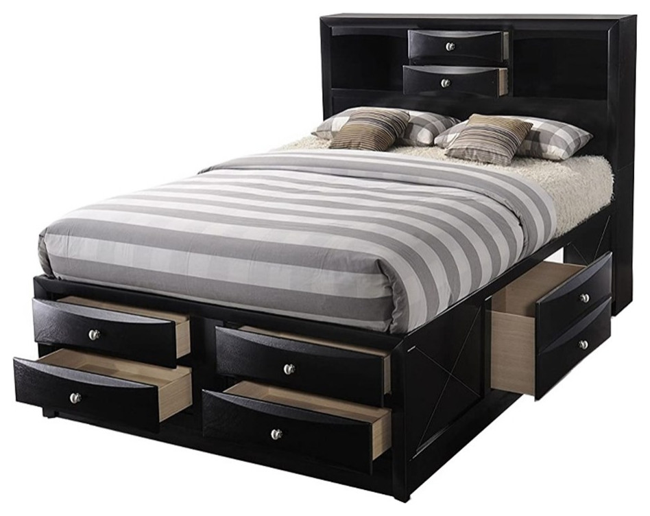Eight Drawer Full Size Storage Bed with Bookcase Headboard, Black