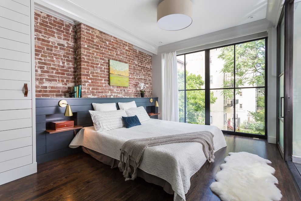 Transitional master bedroom in Other with grey walls and dark hardwood floors.