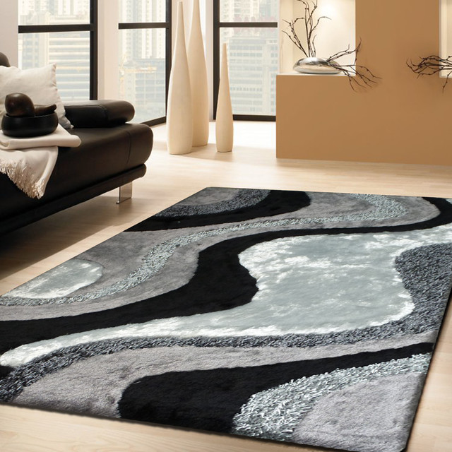 Gray and Black Authentic Hand-Tufted High Quality Shag Rug, 4'x6'