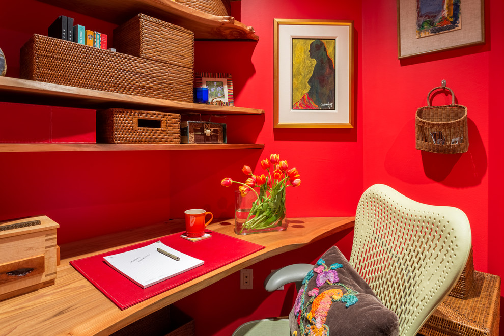 Small contemporary study room in Seattle with red walls, carpet, a built-in desk and multi-coloured floor.