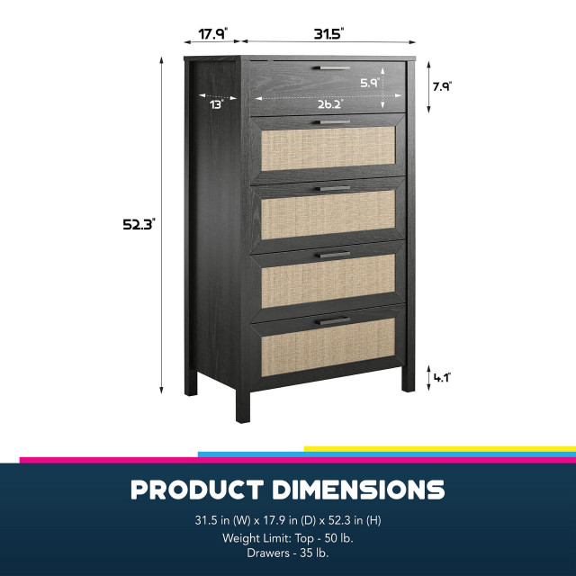 Vertical Dresser, Spacious Storage Drawers With Faux Rattan Front ...