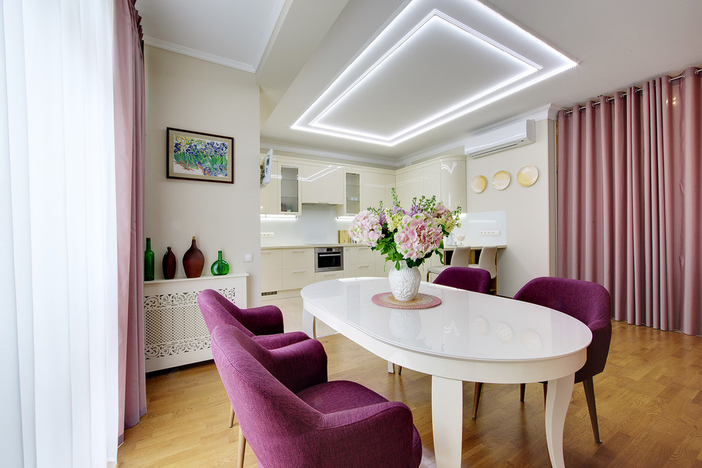Inspiration for a contemporary open plan dining in Moscow with white walls and medium hardwood floors.