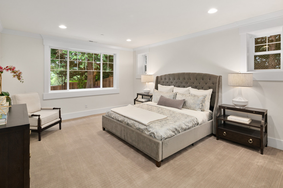 Design ideas for a mid-sized arts and crafts guest bedroom in Seattle with white walls, carpet and grey floor.