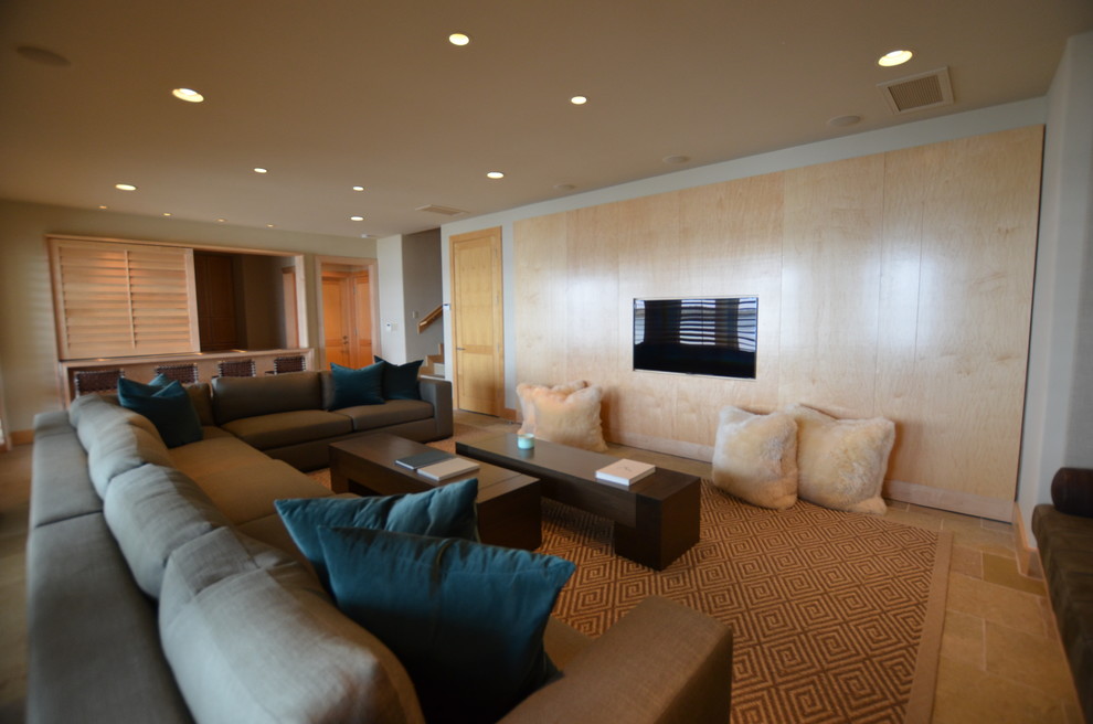 Photo of a large contemporary open concept home theatre in Austin with a built-in media wall.