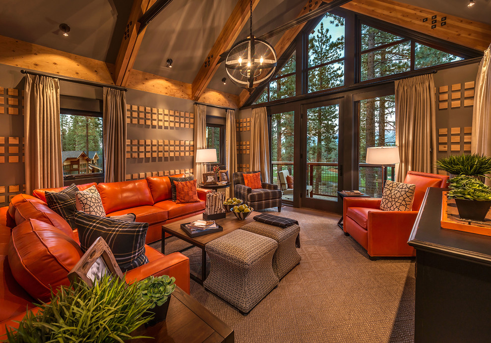 Inspiration for a large country open concept family room in Sacramento with brown walls, carpet and no fireplace.