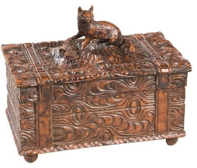 Box Sitting Fox Intricately Carved Vintage Trunk Lid Hand-Cast Resin