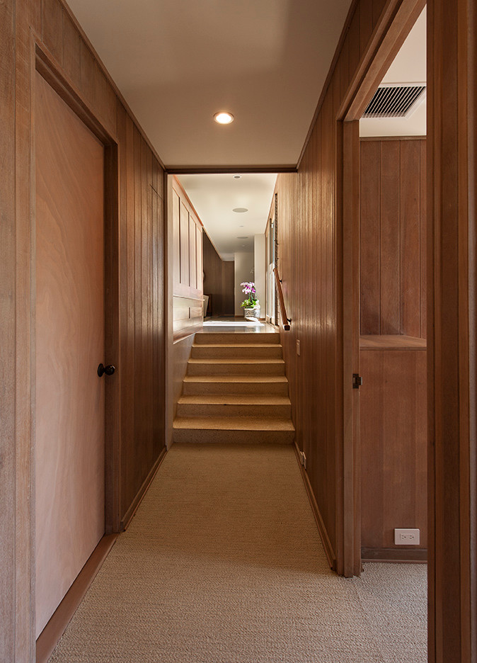 Inspiration for a midcentury hallway in Hawaii with brown walls and carpet.