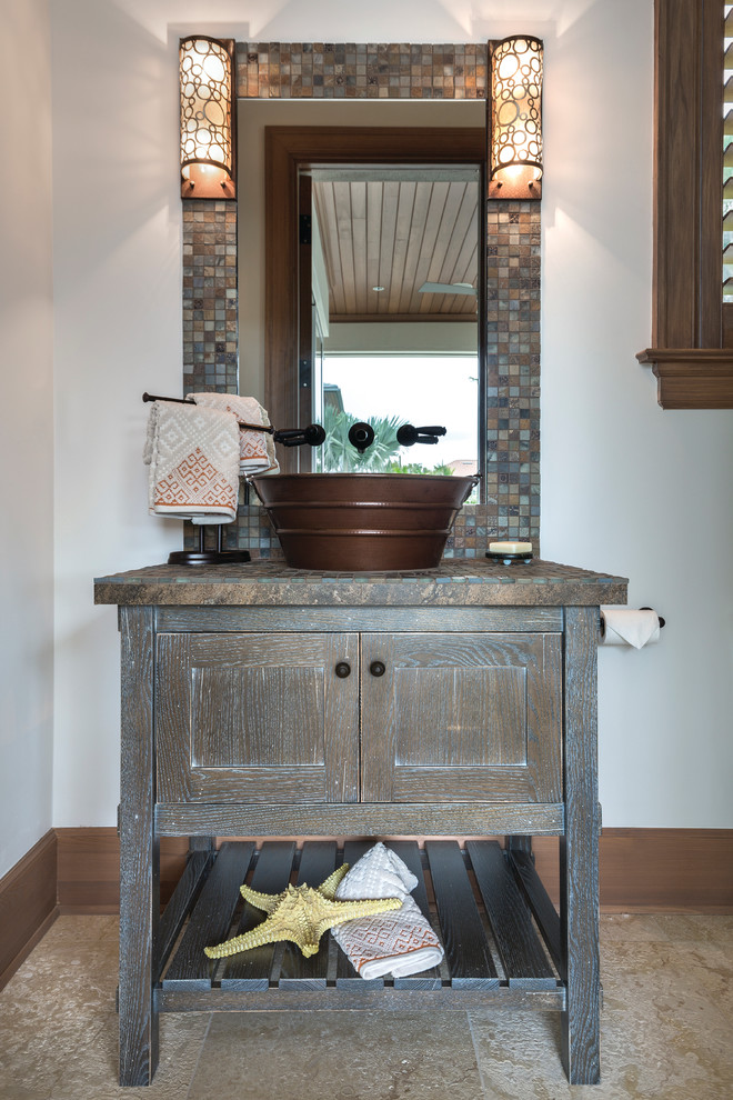 Inspiration for a bathroom in Miami with brown cabinets, multi-coloured tile, mosaic tile, a vessel sink and tile benchtops.