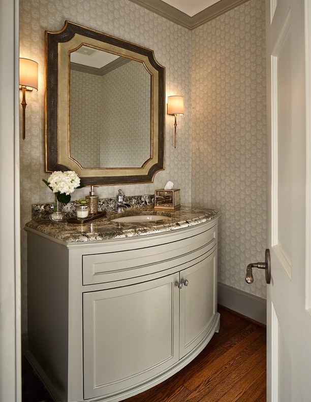 Inspiration for a traditional powder room in Dallas with an undermount sink, shaker cabinets, grey cabinets, granite benchtops, a two-piece toilet and medium hardwood floors.