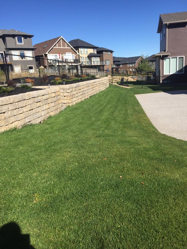 Large traditional side yard full sun garden in Calgary with a retaining wall and natural stone pavers.