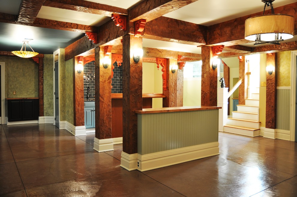 This is an example of a large traditional walk-out basement in Other with multi-coloured walls and concrete floors.