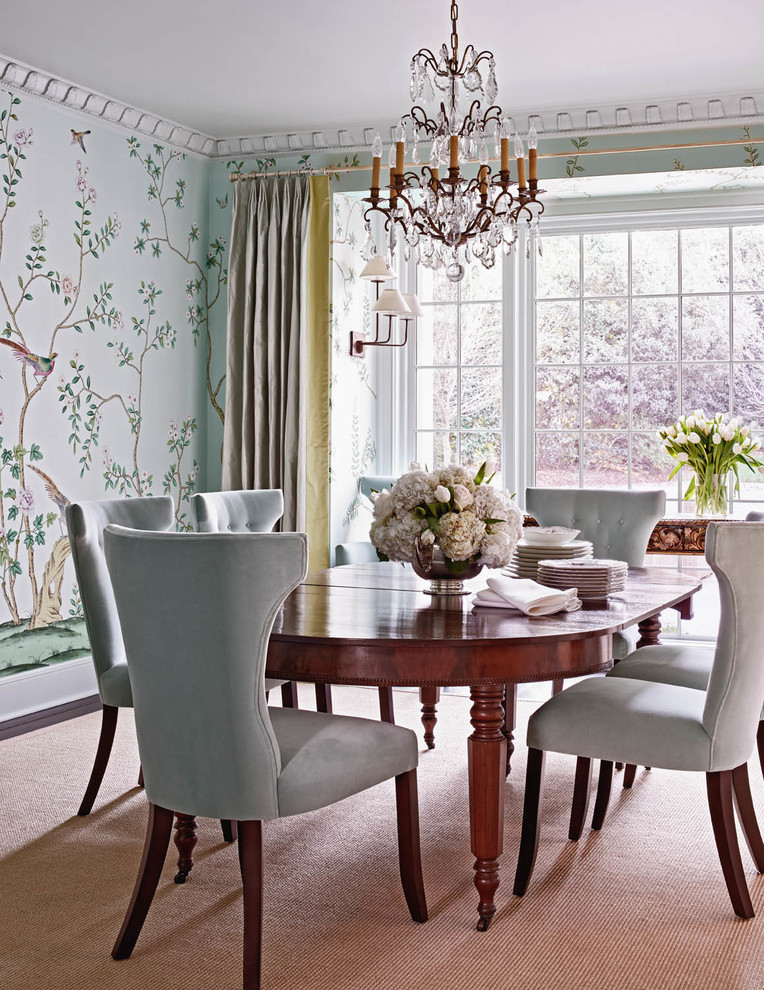 Design ideas for a large transitional separate dining room in Charlotte with green walls and dark hardwood floors.