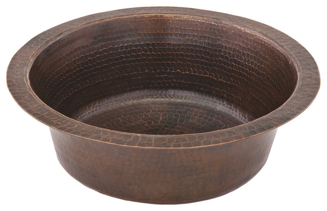 14" Round Hammered Copper Bar Sink With  2" Drain Size, Oil Rubbed Bronze, 3.5"