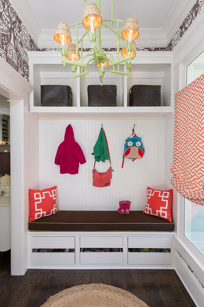 Mudroom - small transitional dark wood floor and brown floor mudroom idea in Atlanta with white walls
