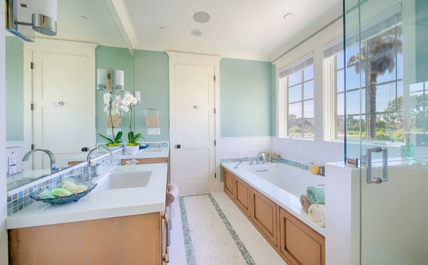 Mid-sized contemporary master bathroom in Orange County with recessed-panel cabinets, light wood cabinets, a drop-in tub, an alcove shower, white tile, subway tile, blue walls, mosaic tile floors, an undermount sink and engineered quartz benchtops.