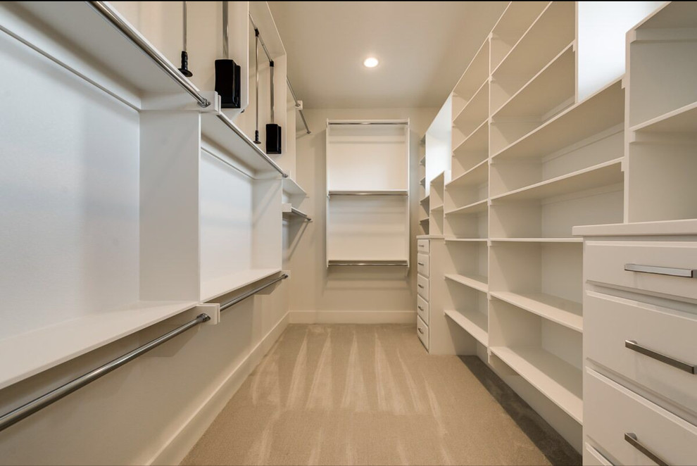 Photo of a mid-sized contemporary gender-neutral walk-in wardrobe in Dallas with flat-panel cabinets, white cabinets and carpet.