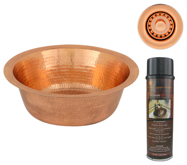14" Round Hammered Copper Bar Sink, 2" Drain Opening, Polished Copper