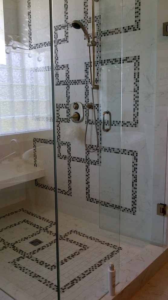 Bathroom - large transitional master multicolored tile bathroom idea in Toronto with beige walls