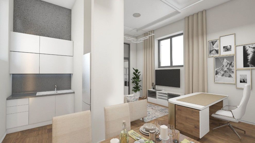 Idéer för att renovera ett mellanstort funkis hemmastudio, med grå väggar, mellanmörkt trägolv och ett fristående skrivbord