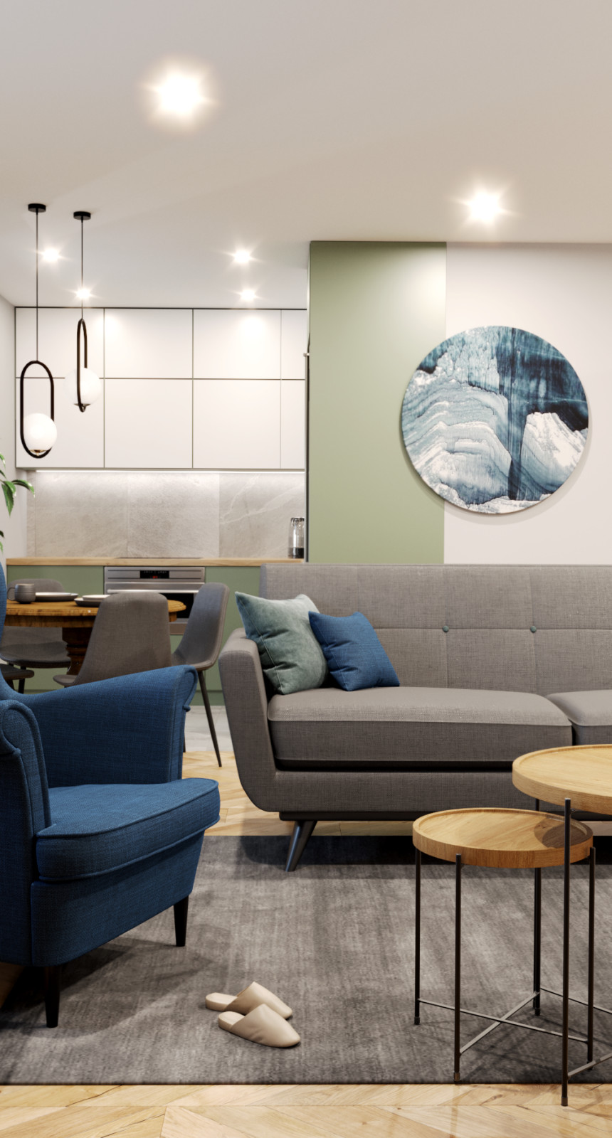 Гостиная, совмещённая с кухней, в природных тонах