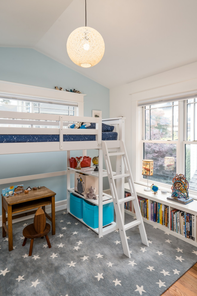 Imagen de dormitorio infantil abovedado tradicional pequeño con paredes azules, suelo de madera en tonos medios y suelo marrón