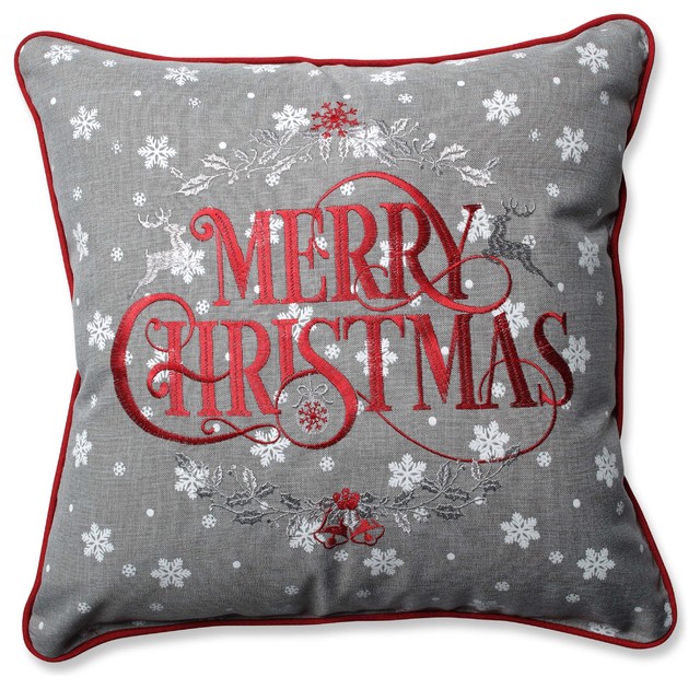 Pillow Perfect Snowy Christmas Gray, Red, Throw Pillow, 16.5" Contemporary Decorative