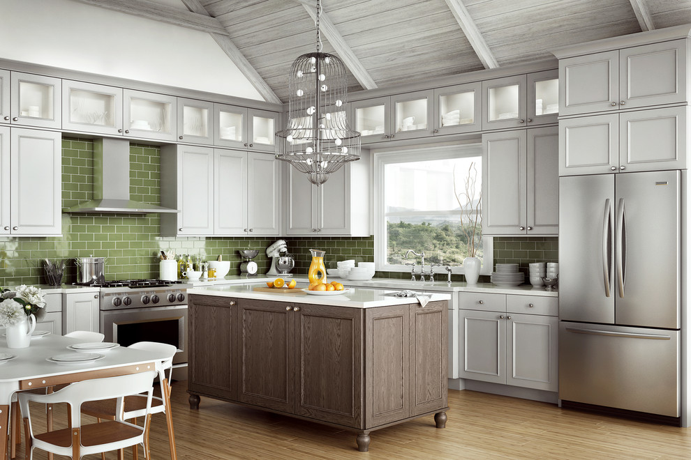 Eat-in kitchen - large transitional l-shaped eat-in kitchen idea in Seattle with white cabinets and an island