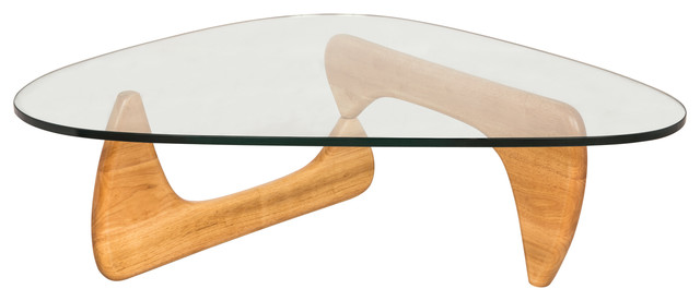 Leisuremod Imperial Modern Glass Top Wooden Base Triangle Coffee Table Natural