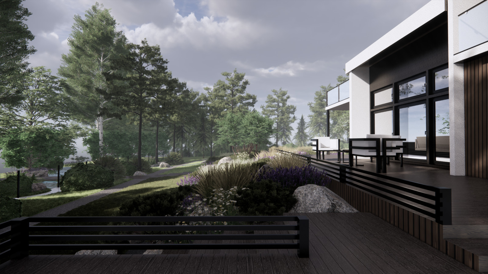 Вид от бассейна на дом и террасу