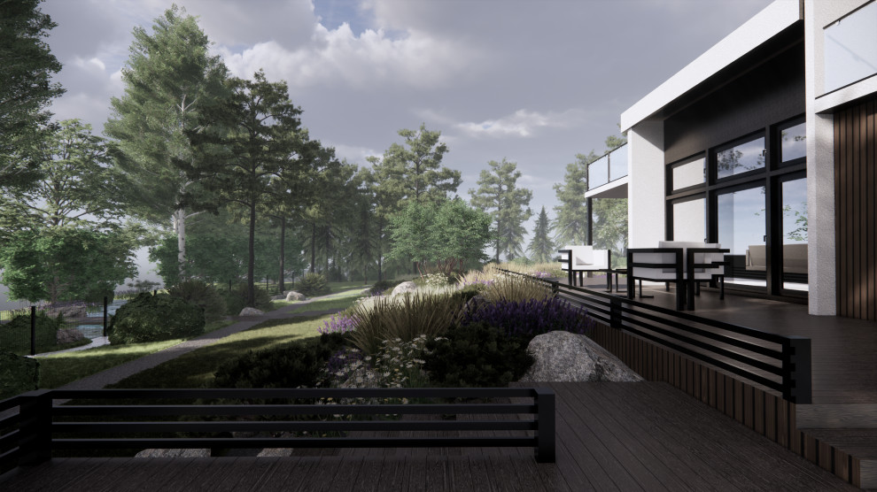 Вид от бассейна на дом и террасу