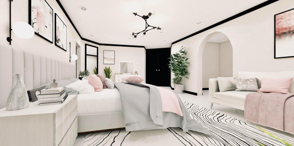 Immagine di una grande camera matrimoniale moderna con pareti bianche, pavimento in gres porcellanato e pavimento bianco