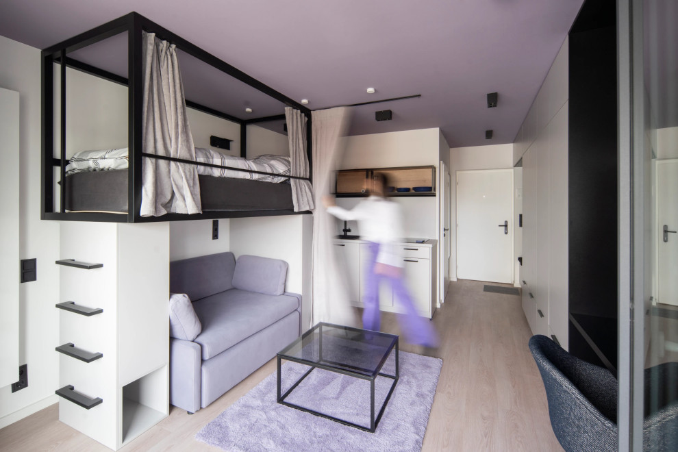 Idéer för ett litet modernt vardagsrum, med grå väggar