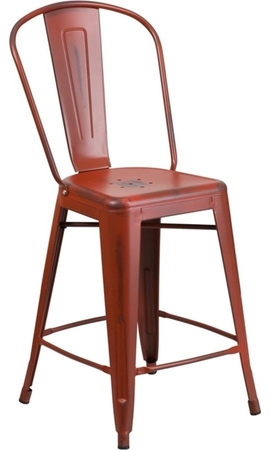 24'' High Distressed Metal Indoor Counter Height Stool, Red, 17.75"x22"x40"