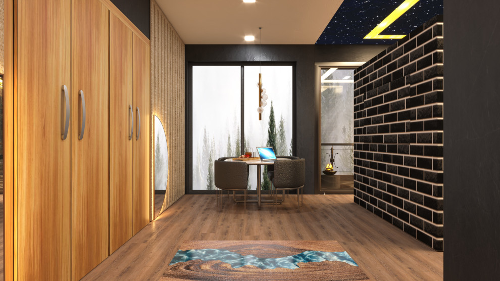 Идея дизайна: хозяйская спальня в стиле модернизм с черными стенами, полом из фанеры, угловым камином, фасадом камина из камня, разноцветным полом и потолком с обоями