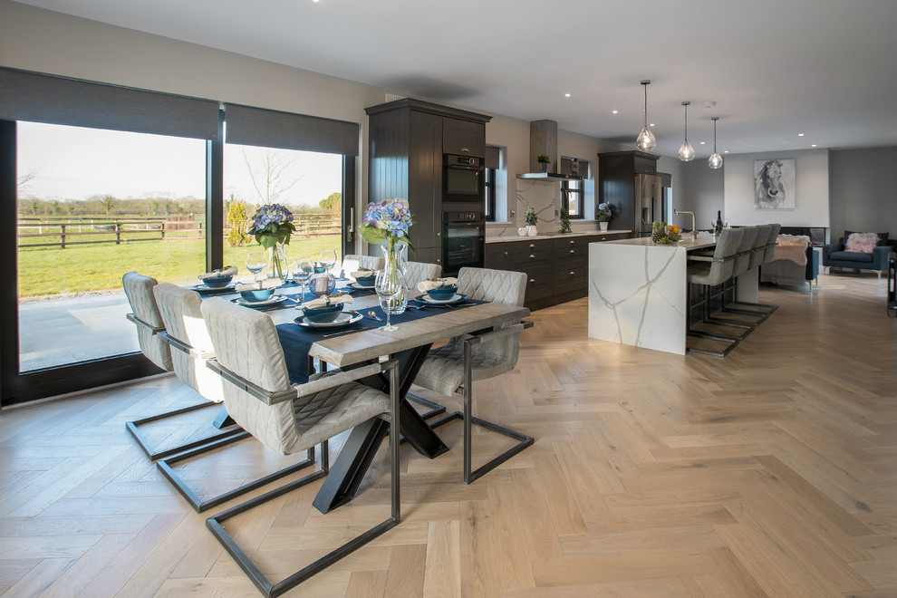 Inspiration for an expansive contemporary open plan dining in Dublin with medium hardwood floors, grey floor, grey walls and a corner fireplace.